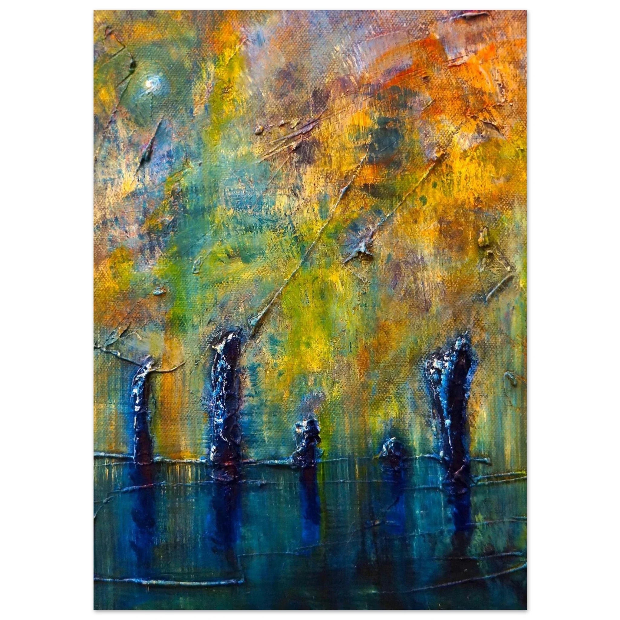 Abstract orange-yellow-green textured painting of Stenness Moonlight in Orkney, Scotland