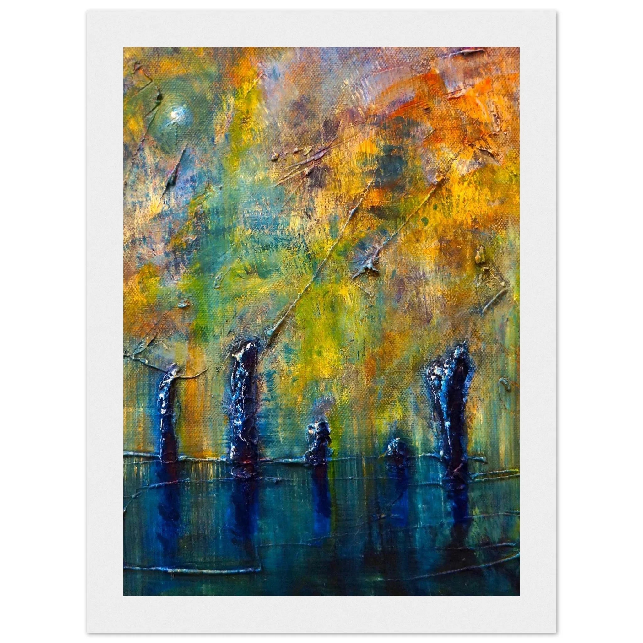 Abstract Stenness Moonlight Orkney painting with bold yellow orange green strokes on blue foreground and dark silhouettes