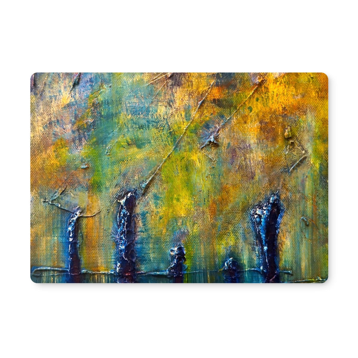 Yellow and blue abstract tree-like painting on Stenness Moonlight Placemat