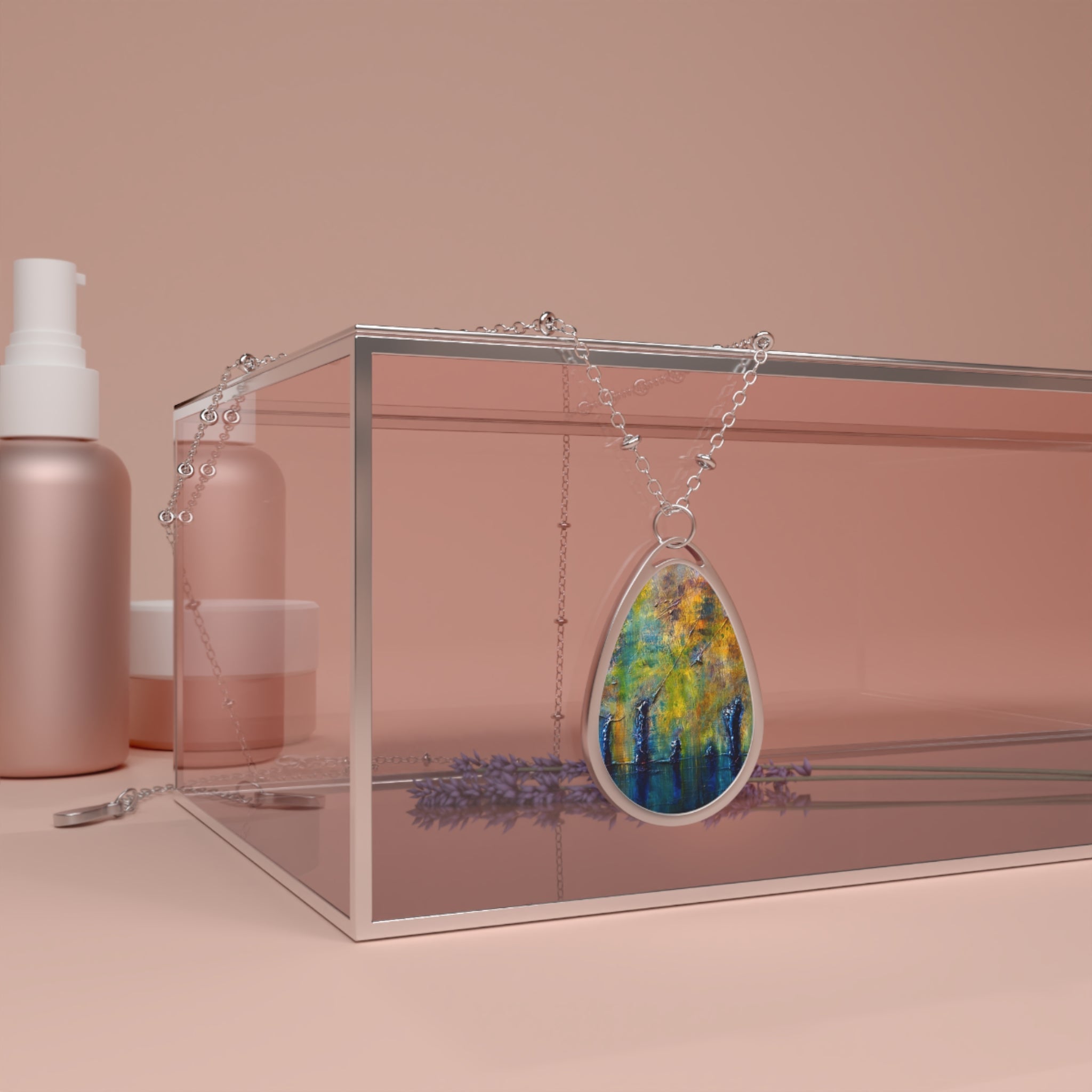 Silver teardrop pendant with abstract yellow, green, and blue hues for Stenness Moonlight necklace