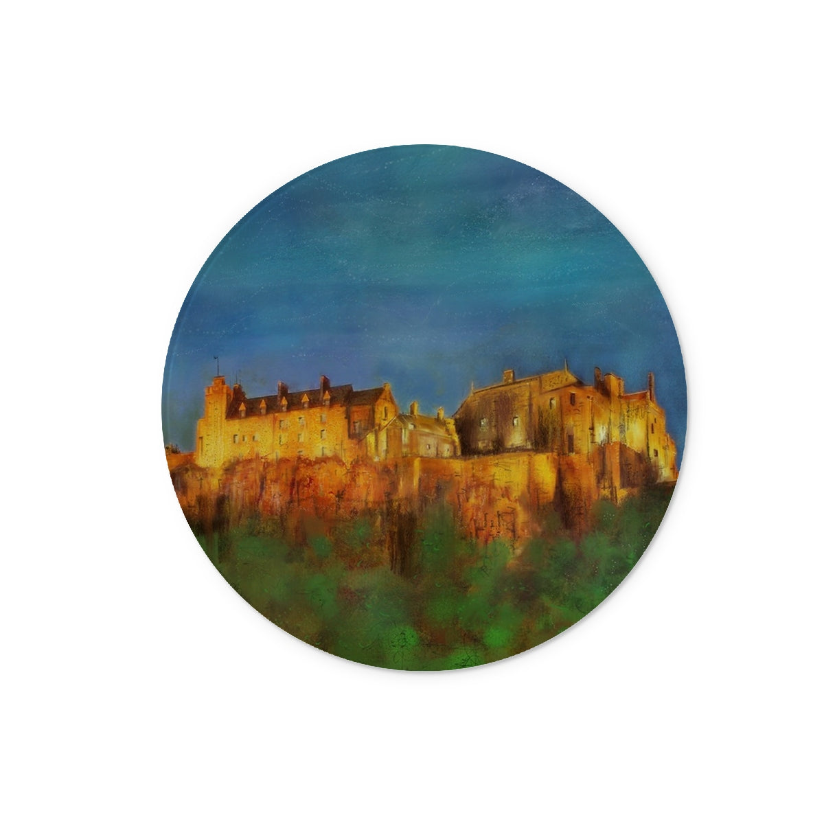 Stirling Castle Art Gifts Glass Chopping Board-Glass Chopping Boards-Historic & Iconic Scotland Art Gallery-12" Round-Paintings, Prints, Homeware, Art Gifts From Scotland By Scottish Artist Kevin Hunter