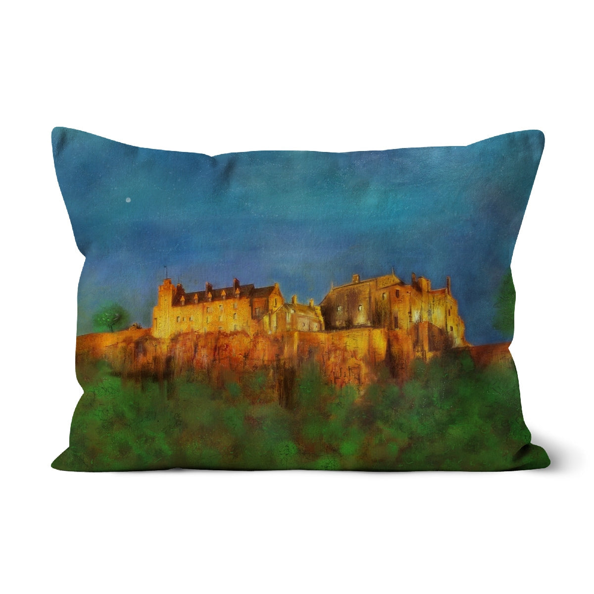 Stirling Castle Cushion featuring a painted castle on a hill at night for cozy decor