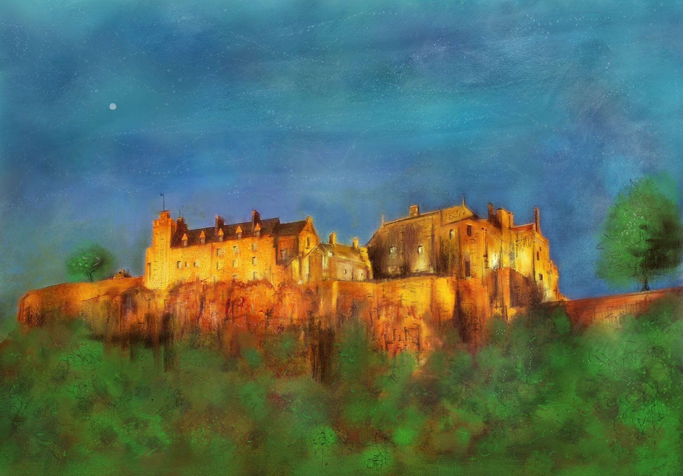 Stirling Castle at dusk atop a cliff with lush greenery in a Scottish landscape painting