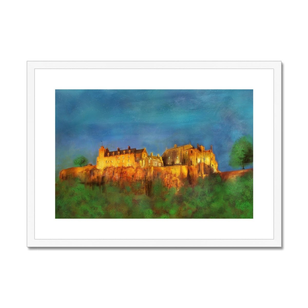 Stirling Castle Painting | Framed & Mounted Prints From Scotland-Framed & Mounted Prints-Historic & Iconic Scotland Art Gallery-A2 Landscape-White Frame-Paintings, Prints, Homeware, Art Gifts From Scotland By Scottish Artist Kevin Hunter