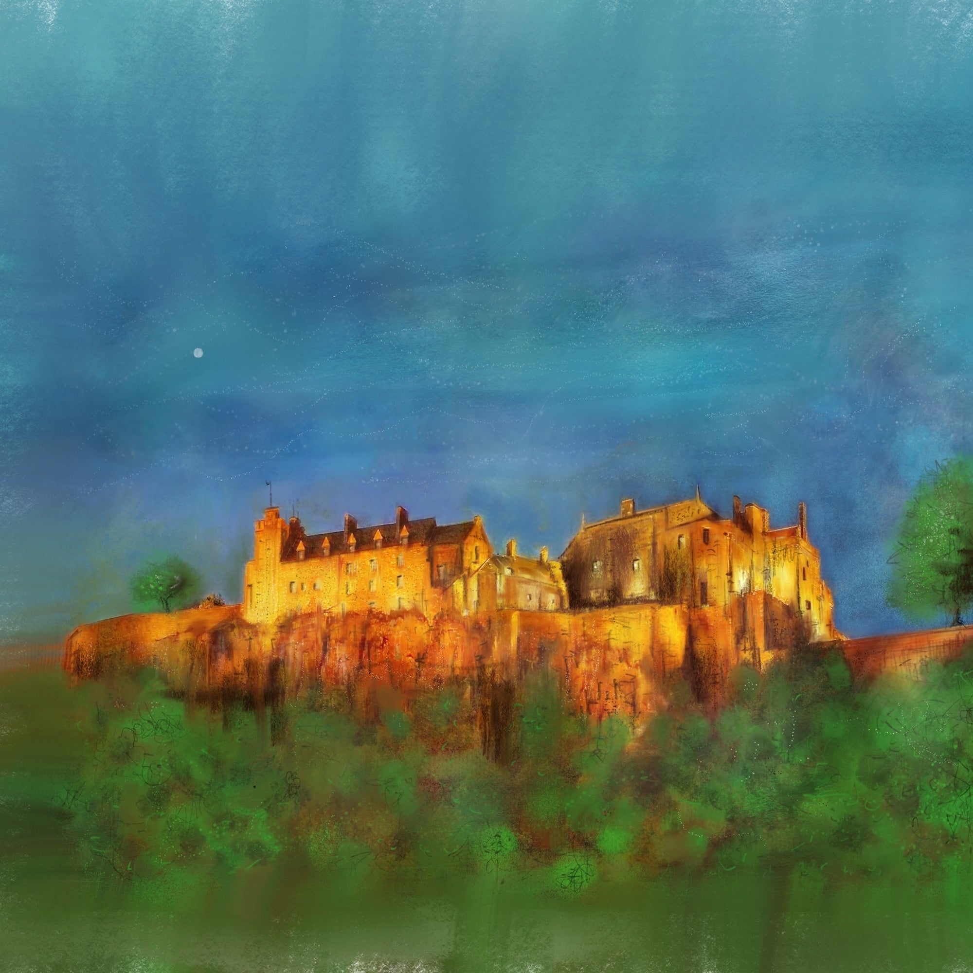 Illuminated Stirling Castle perched on a rocky outcrop in Scotland at night