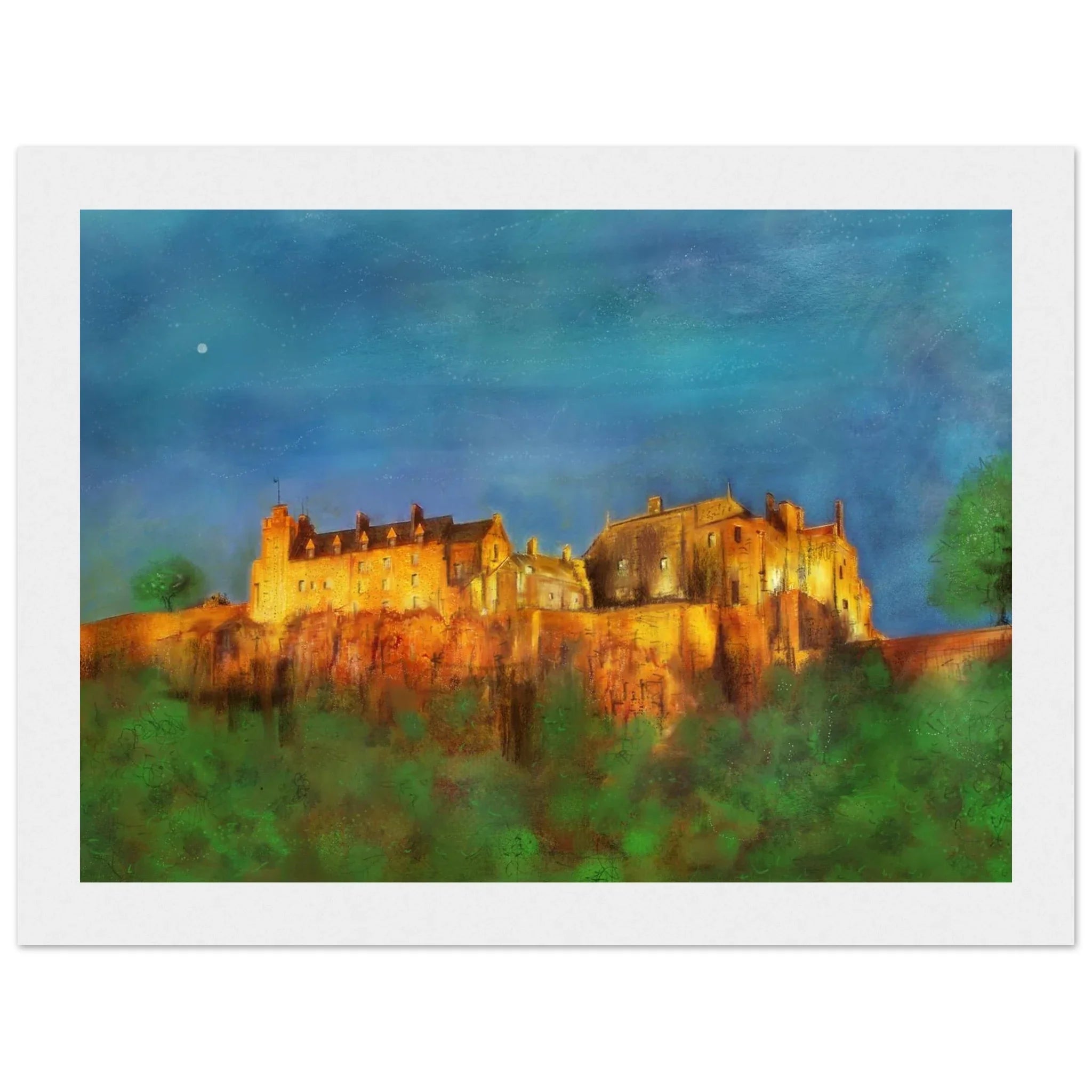 Framed Edinburgh Castle painting at dusk in warm golden tones, Scotland pocket art