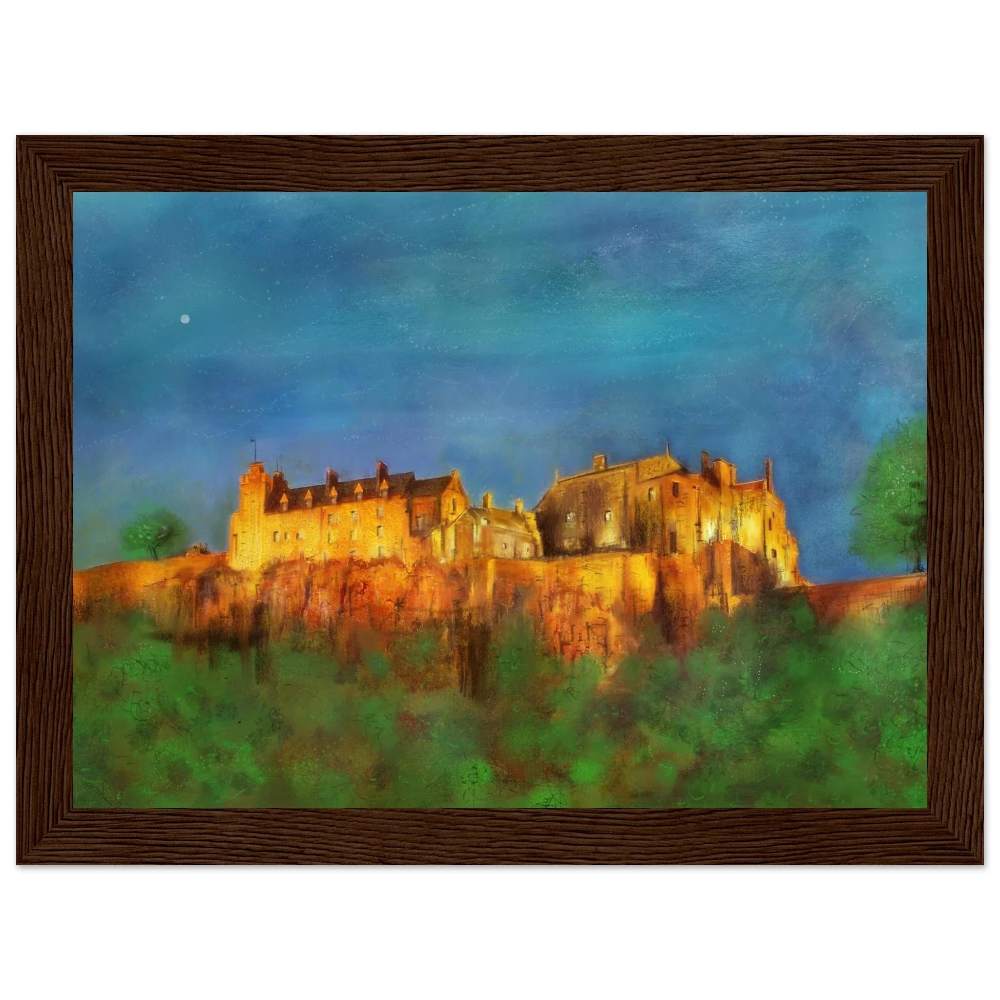 Framed Stirling Castle painting, night lights on blue sky in wood frame