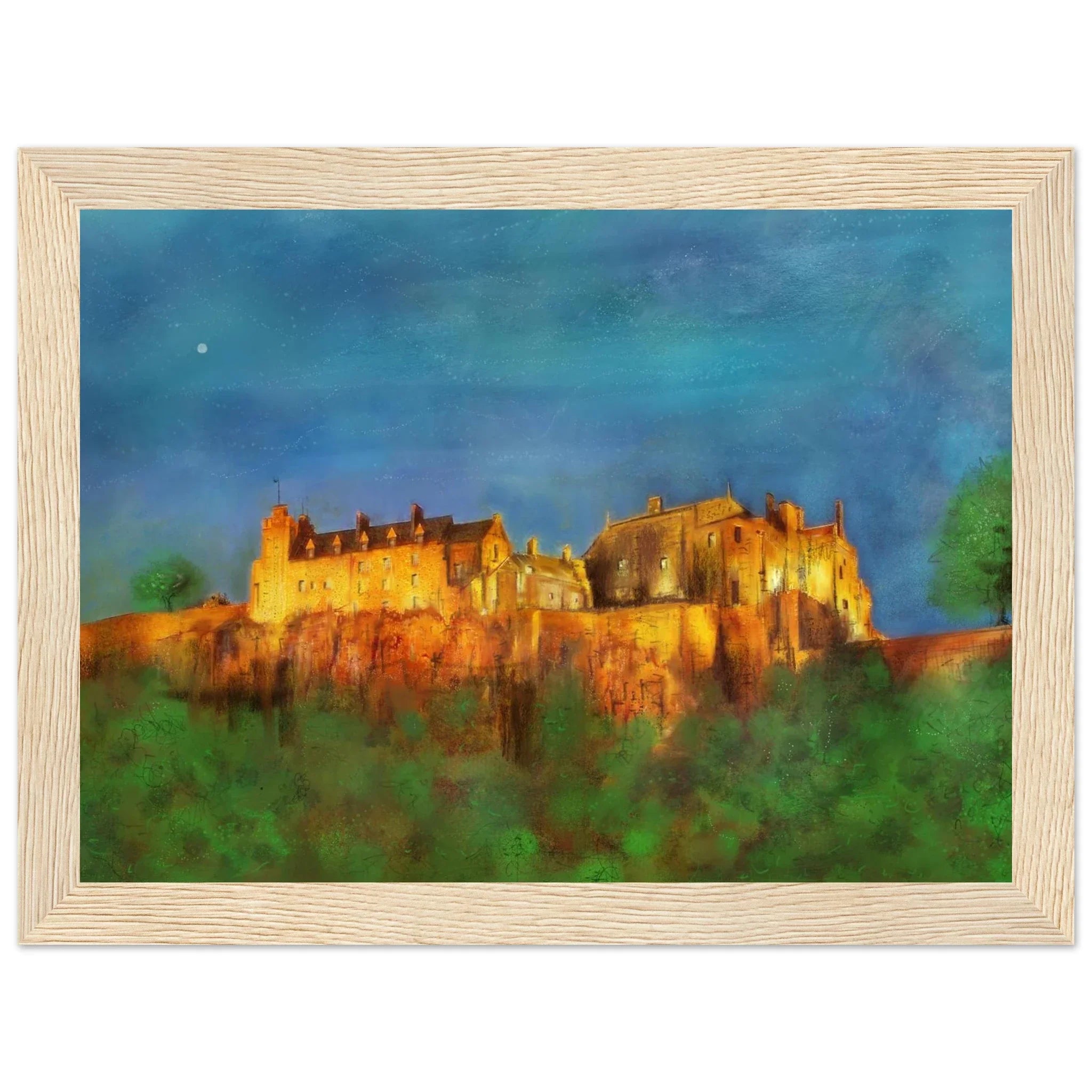 Framed Stirling Castle painting at dusk under starry sky with green foliage