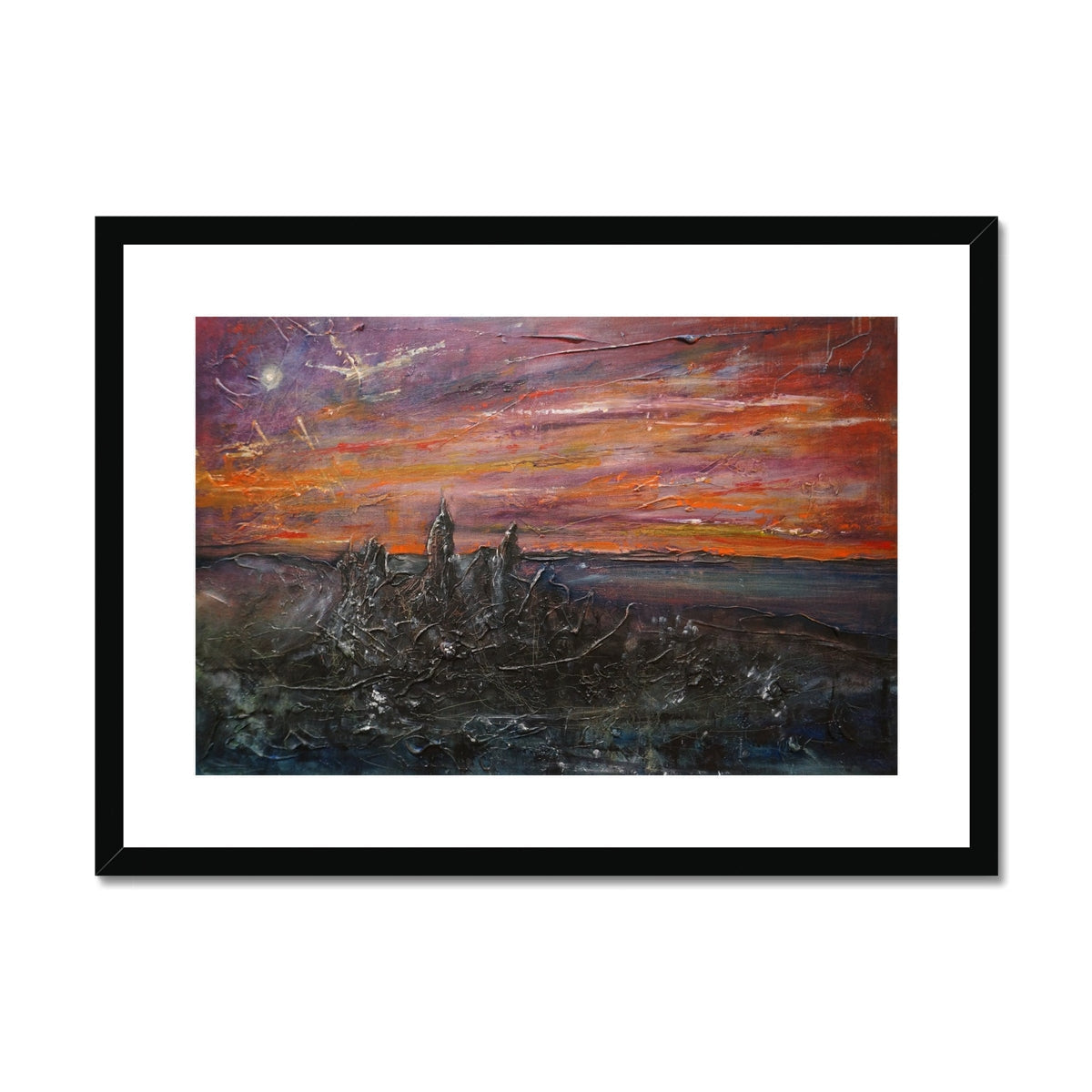 Framed Storr Moonlight Skye abstract sunset print in orange red purple