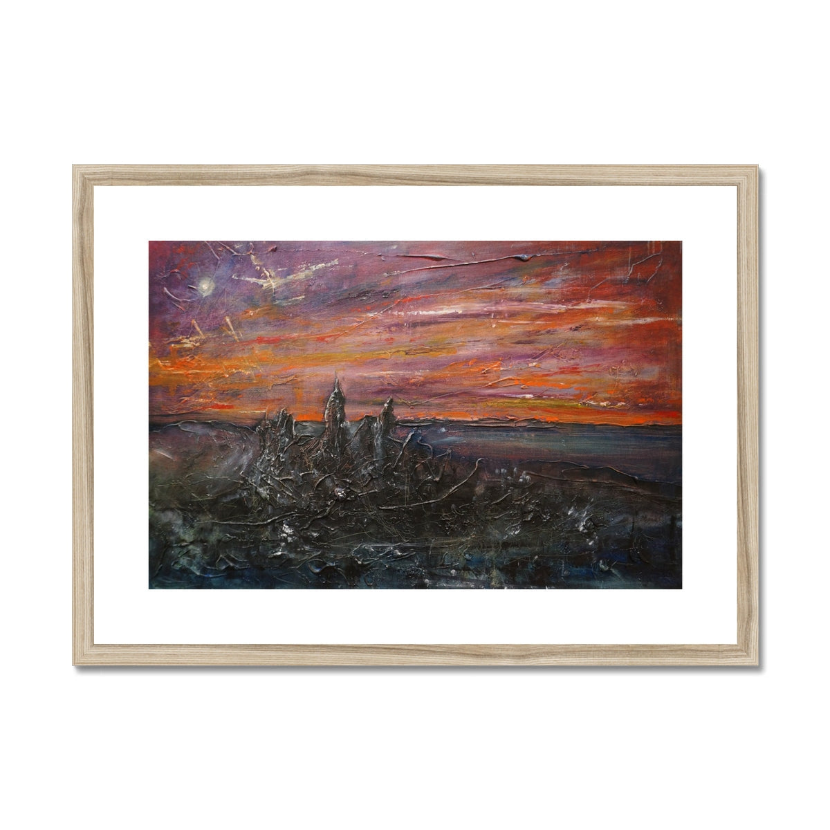 Framed Storr Moonlight Skye abstract sunset print in orange, red, purple