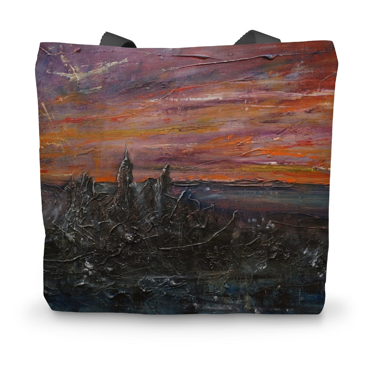 Storr Moonlight Skye tote bag with impressionistic sunset over silhouetted landscape