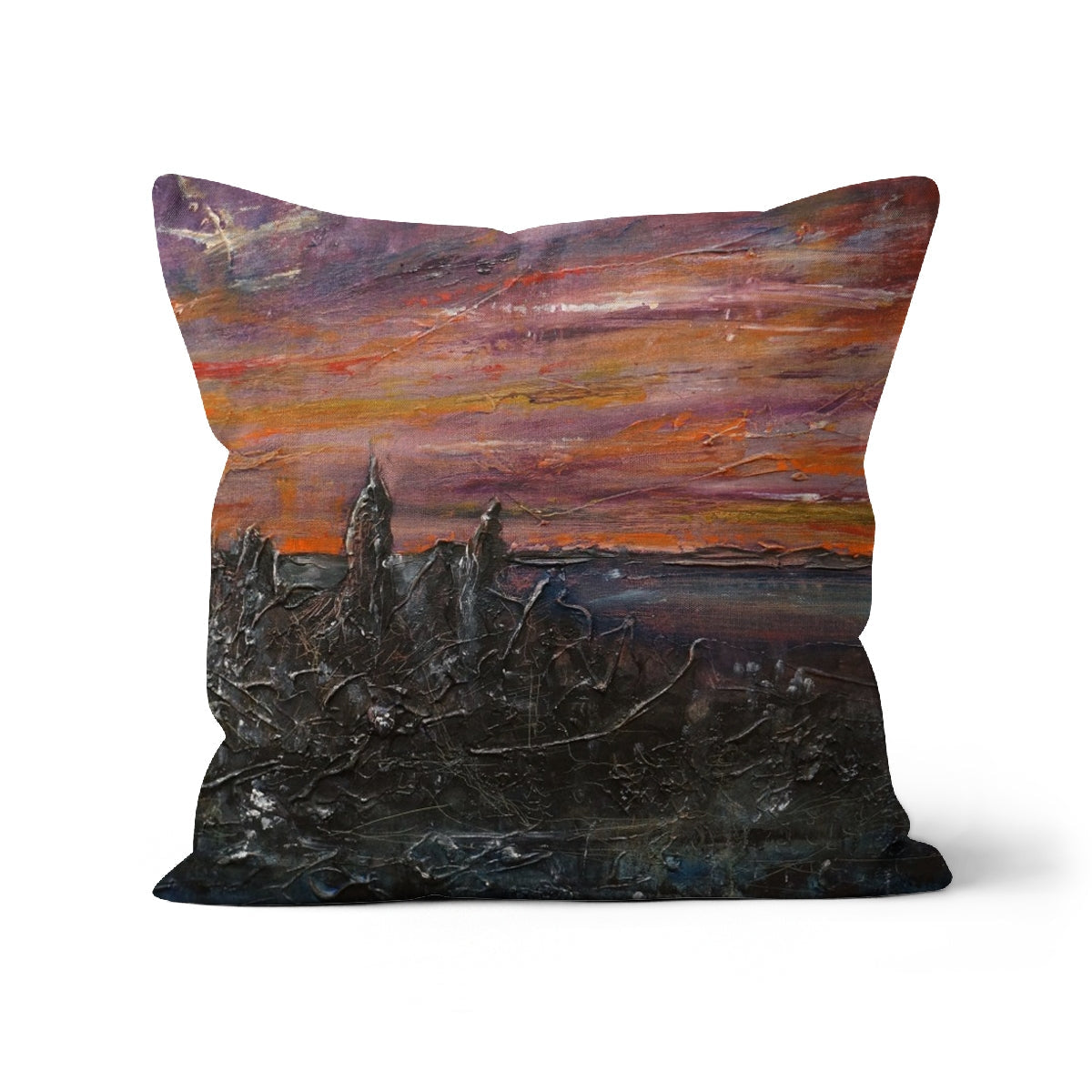 Storr Moonlight Skye cushion with textured sunset in purples, oranges, blacks