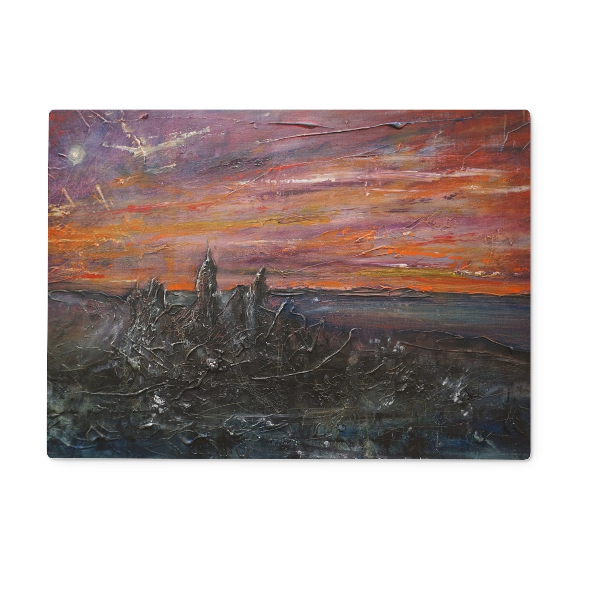 Storr Moonlight Skye glass chopping board with abstract orange purple landscape