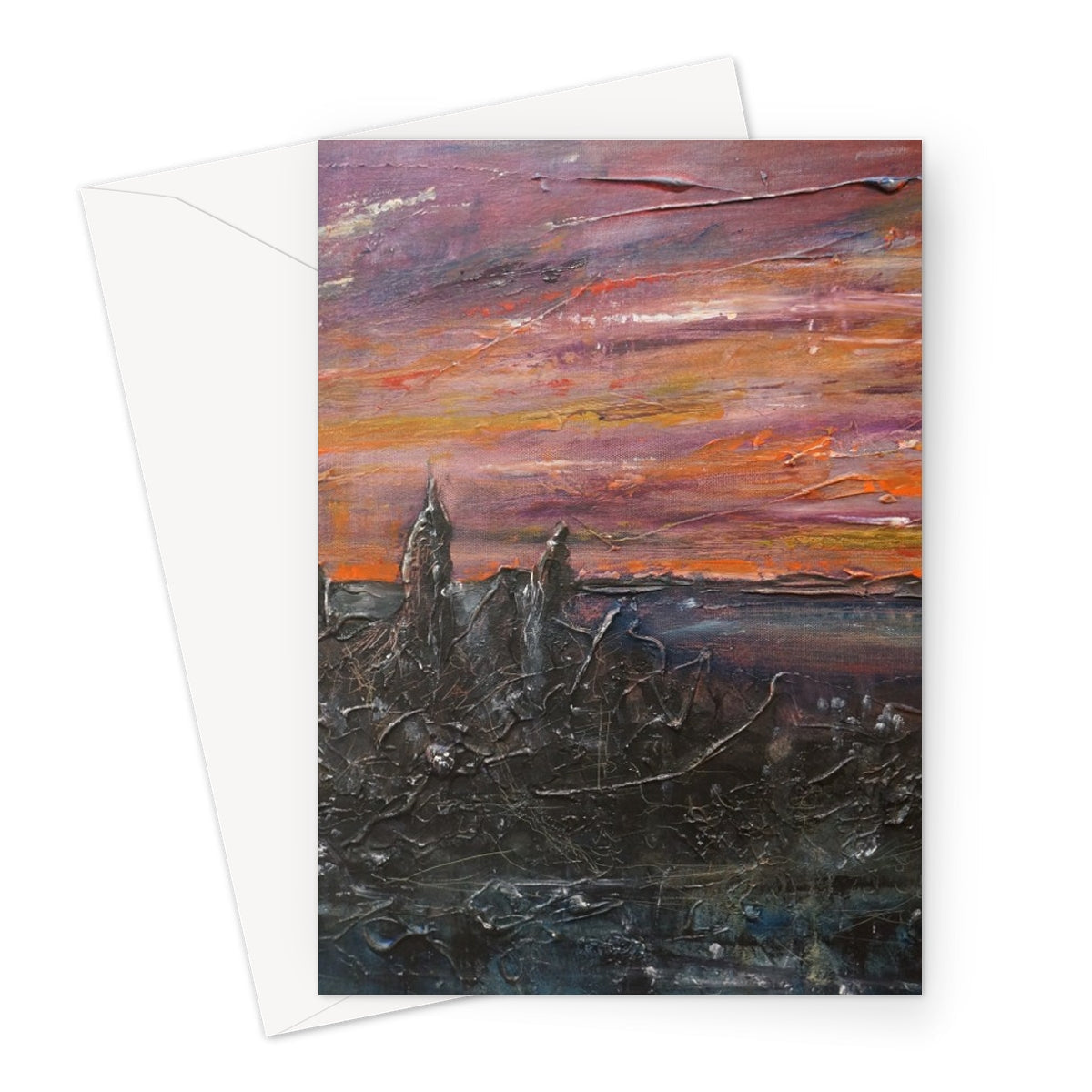 Storr Moonlight Skye greeting card with vibrant purple-orange-pink sunset over rugged silhouettes