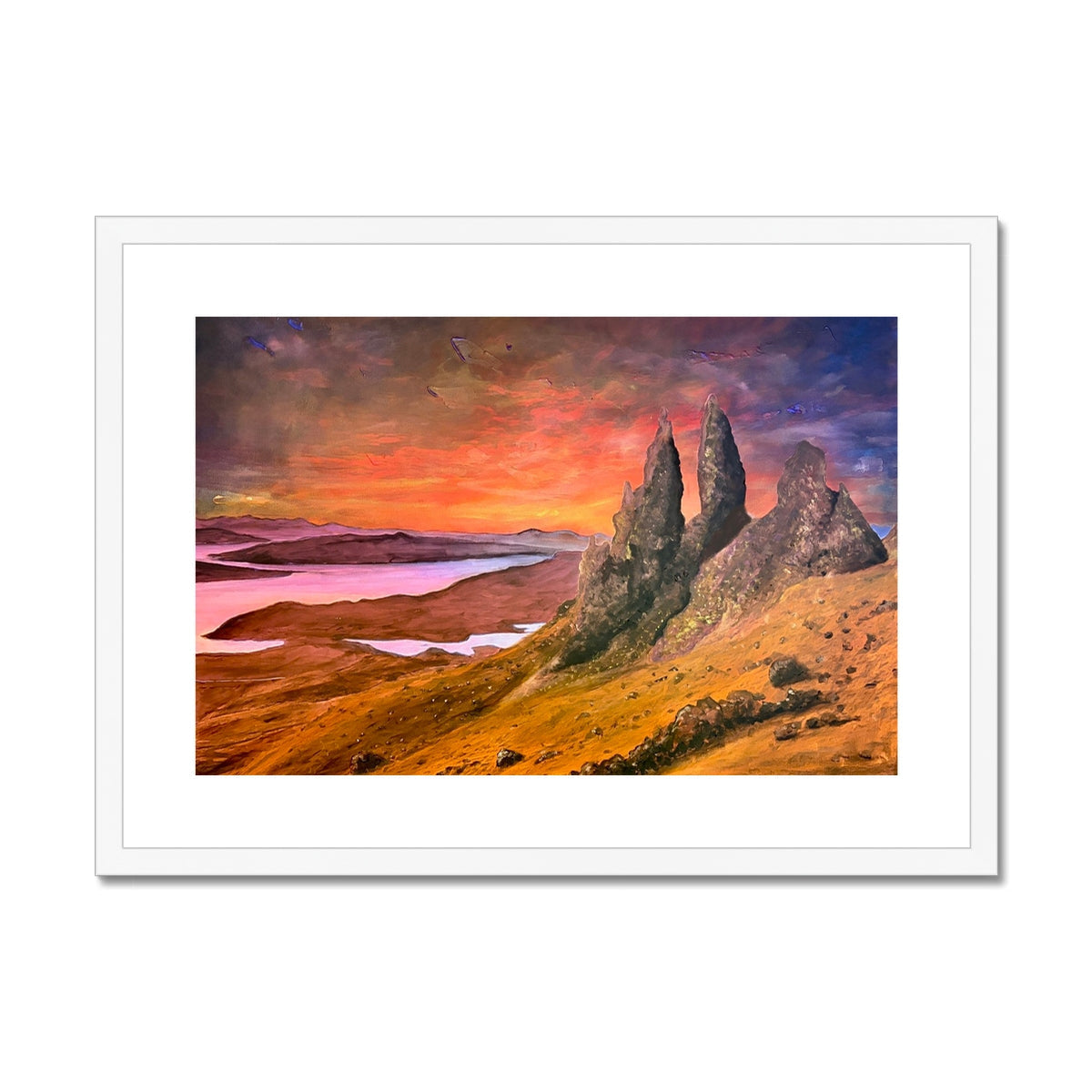 Framed Storr Sunset Skye print of Old Man of Storr in orange purple skies