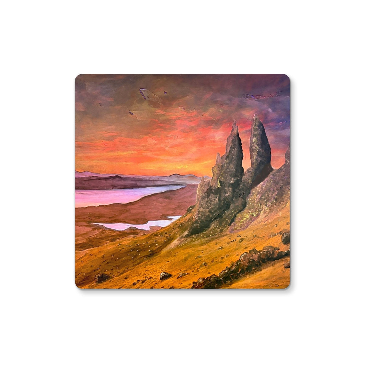 Square coaster with vibrant Storr sunset landscape on Skye