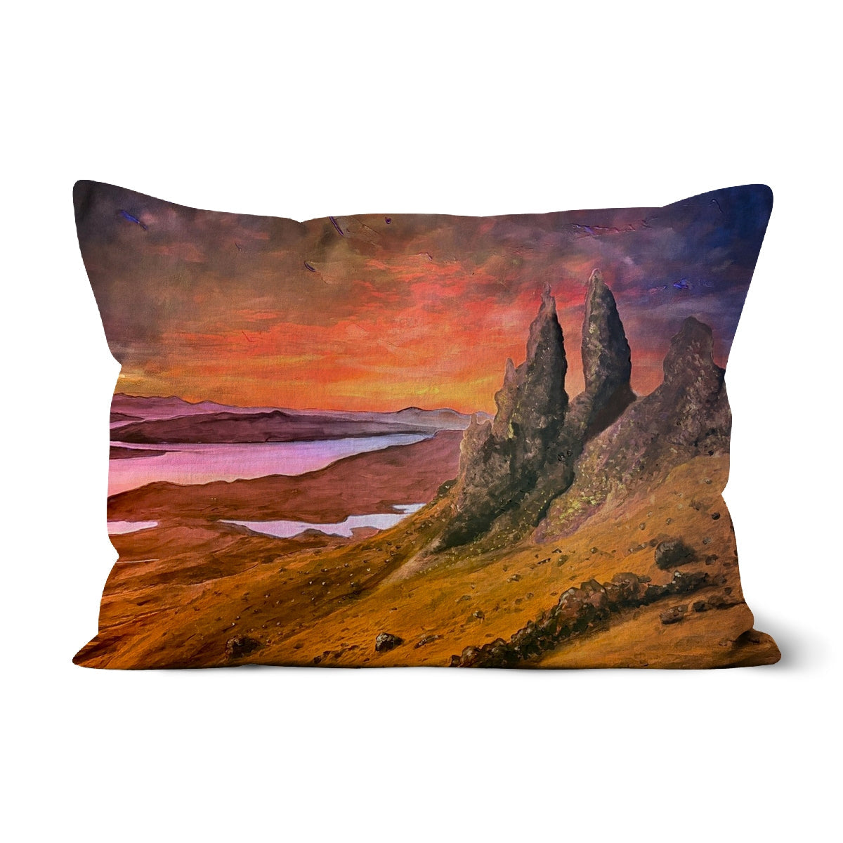 Vibrant sunset over Old Man of Storr on Skye rectangular pillow