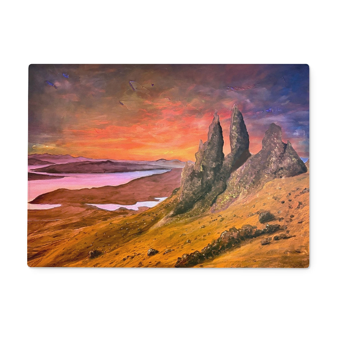 Vibrant Old Man of Storr sunset painting on Skye glass chopping board