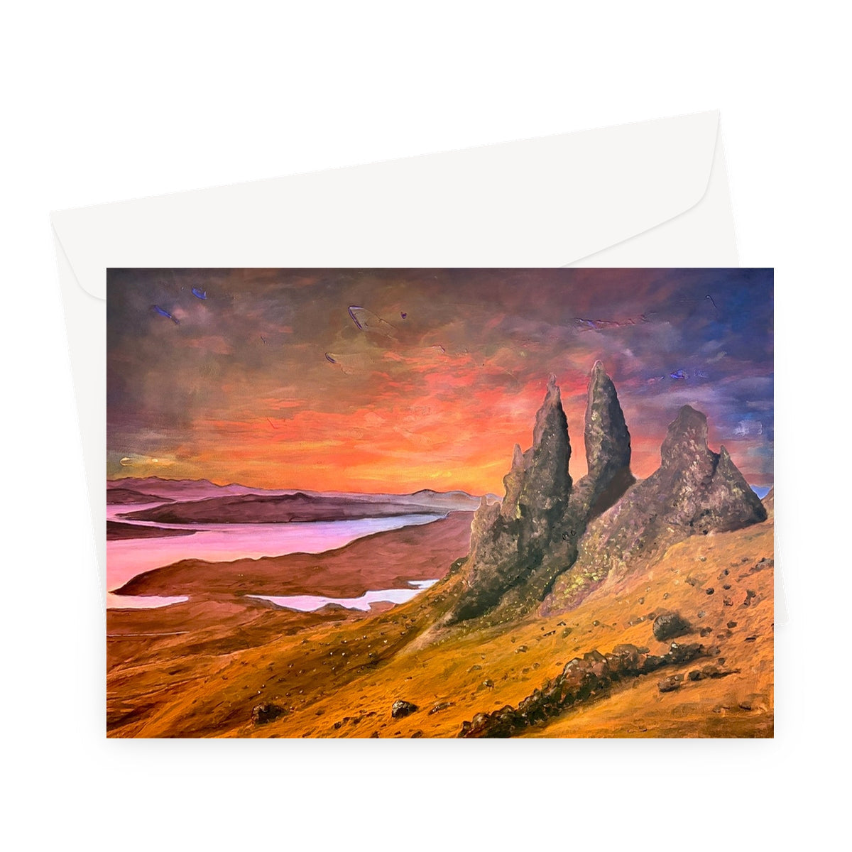 Vibrant sunset painting of Old Man of Storr on Skye greeting card