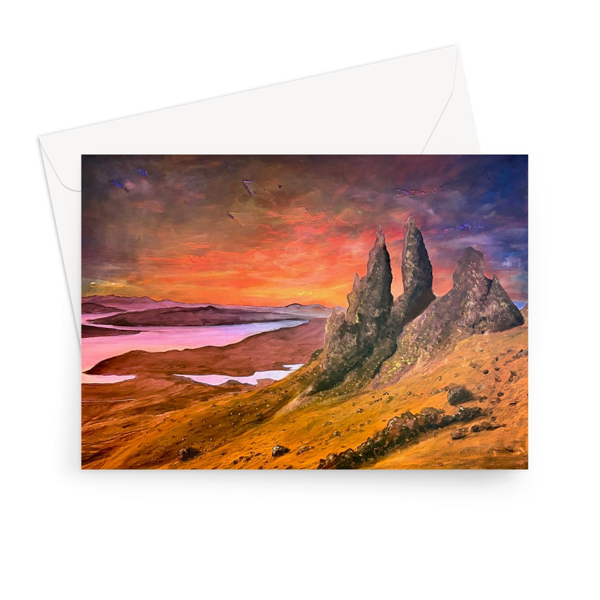 Storr Sunset Skye greeting card with vibrant sunset view