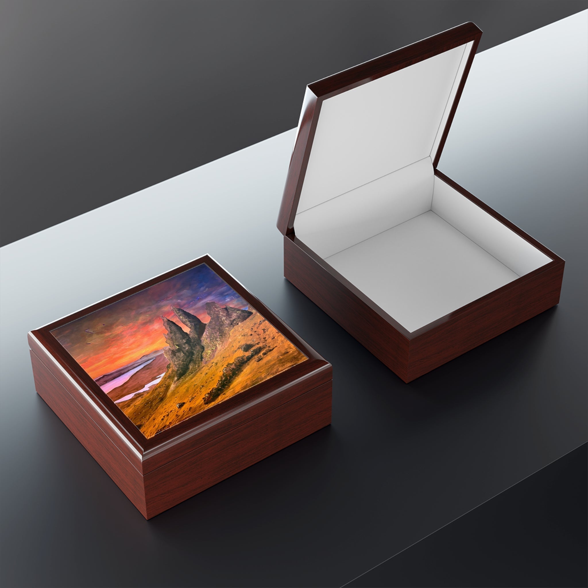 Storr Sunset Skye jewelry box with glossy wooden sunset lid
