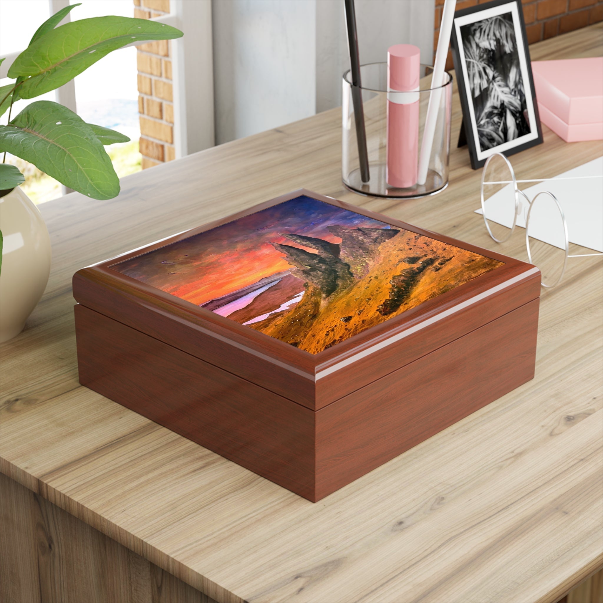 Storr Sunset Skye jewelry box with brown wood and vibrant sunset lid