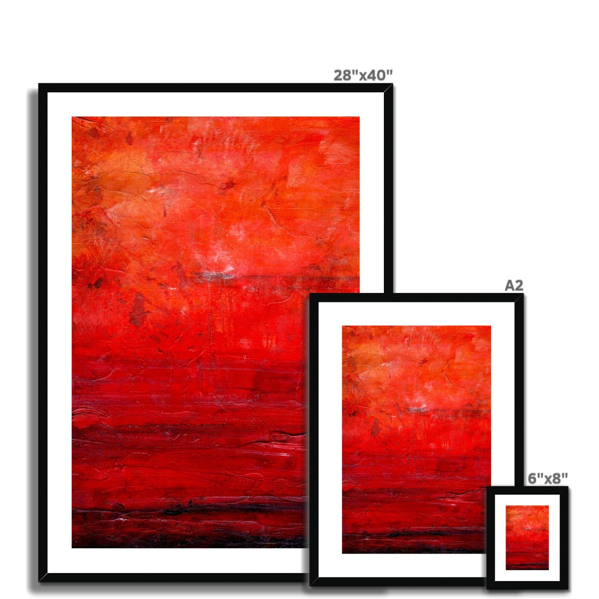 Vibrant red abstract painting with textured brushstrokes in sleek black frame