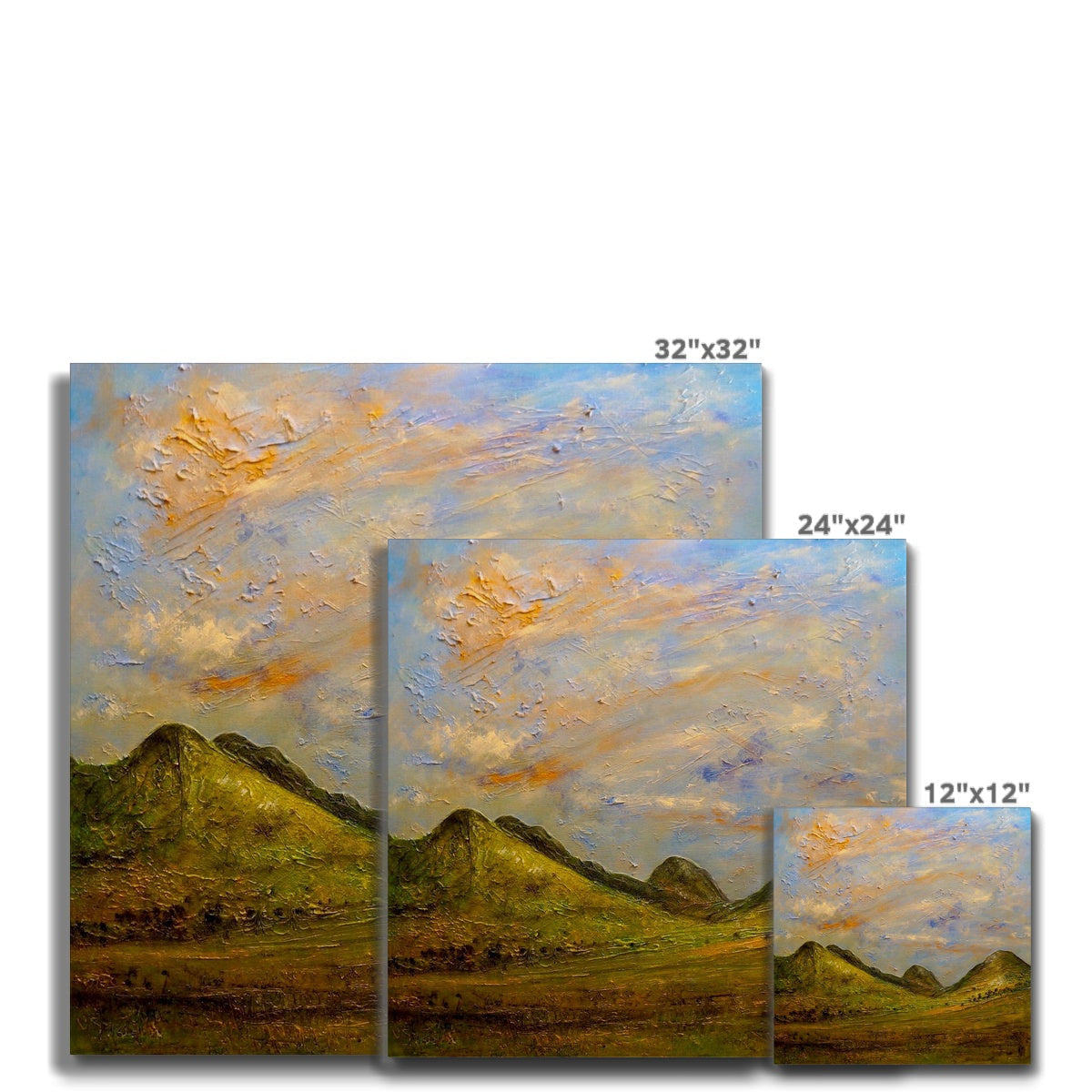 Stacked landscape paintings of varying sizes displayed with the Summer In Glencoe Canvas