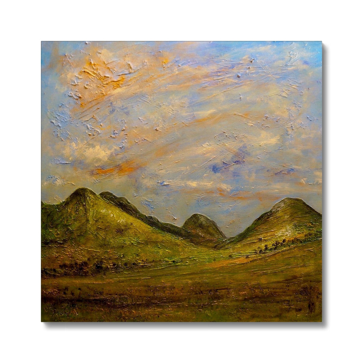 Oil painting of a hilly Glencoe landscape under textured sky on Summer In Glencoe Canvas