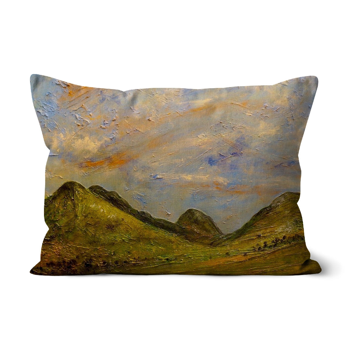 Summer In Glencoe Cushion with textured landscape print of green hills and colorful sky