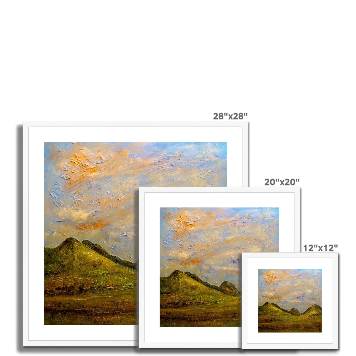 Set of three framed landscape prints of mountains under cloudy skies for Summer In Glencoe