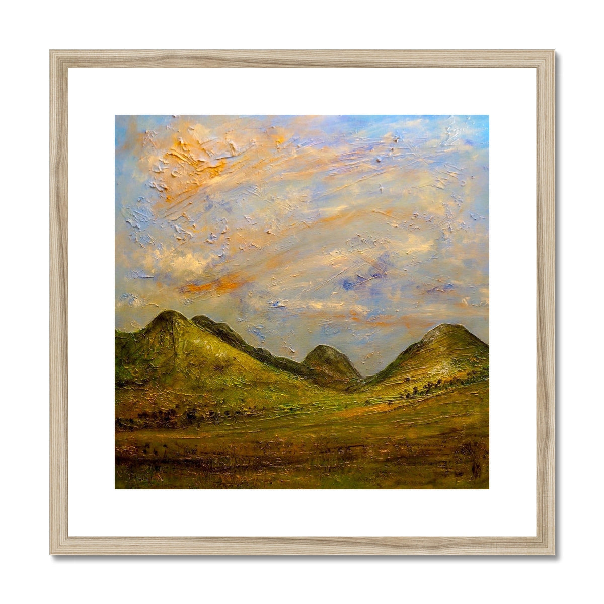 Textured oil painting of a rolling green landscape under a colorful sky in a white frame