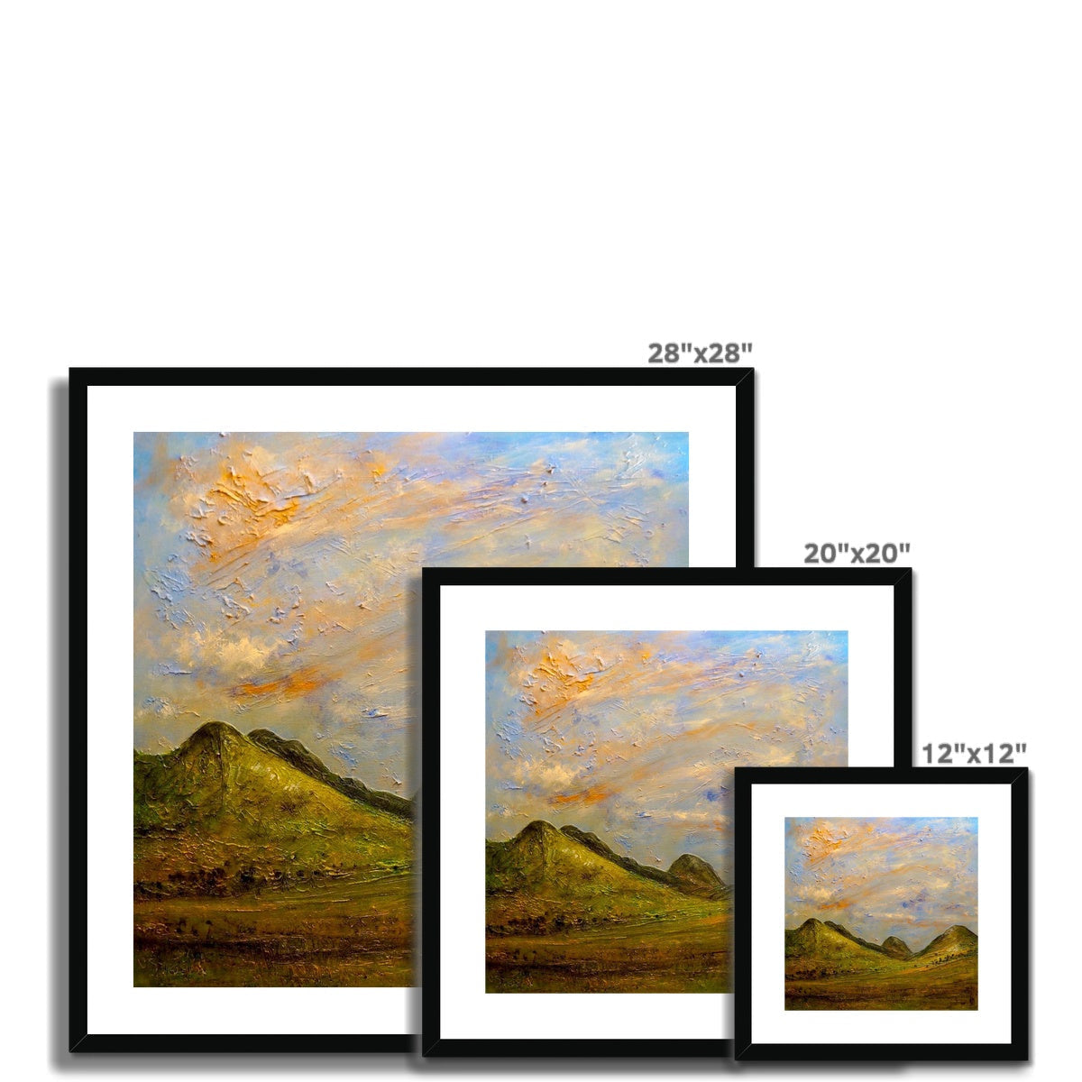 Three framed landscape paintings of varying sizes displayed with the Summer In Glencoe print