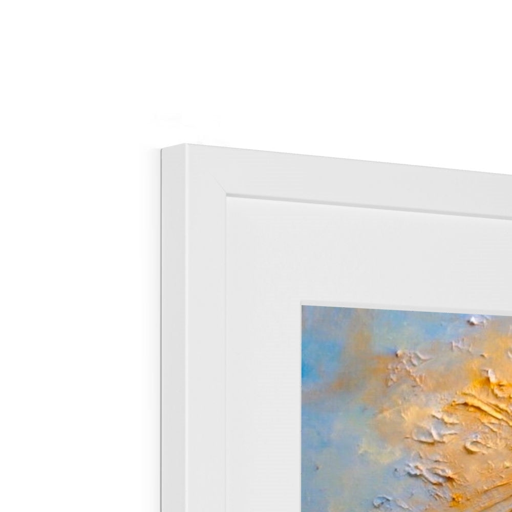 Framed oil painting of textured abstract landscape in warm yellows and cool blues for Summer In Glencoe print