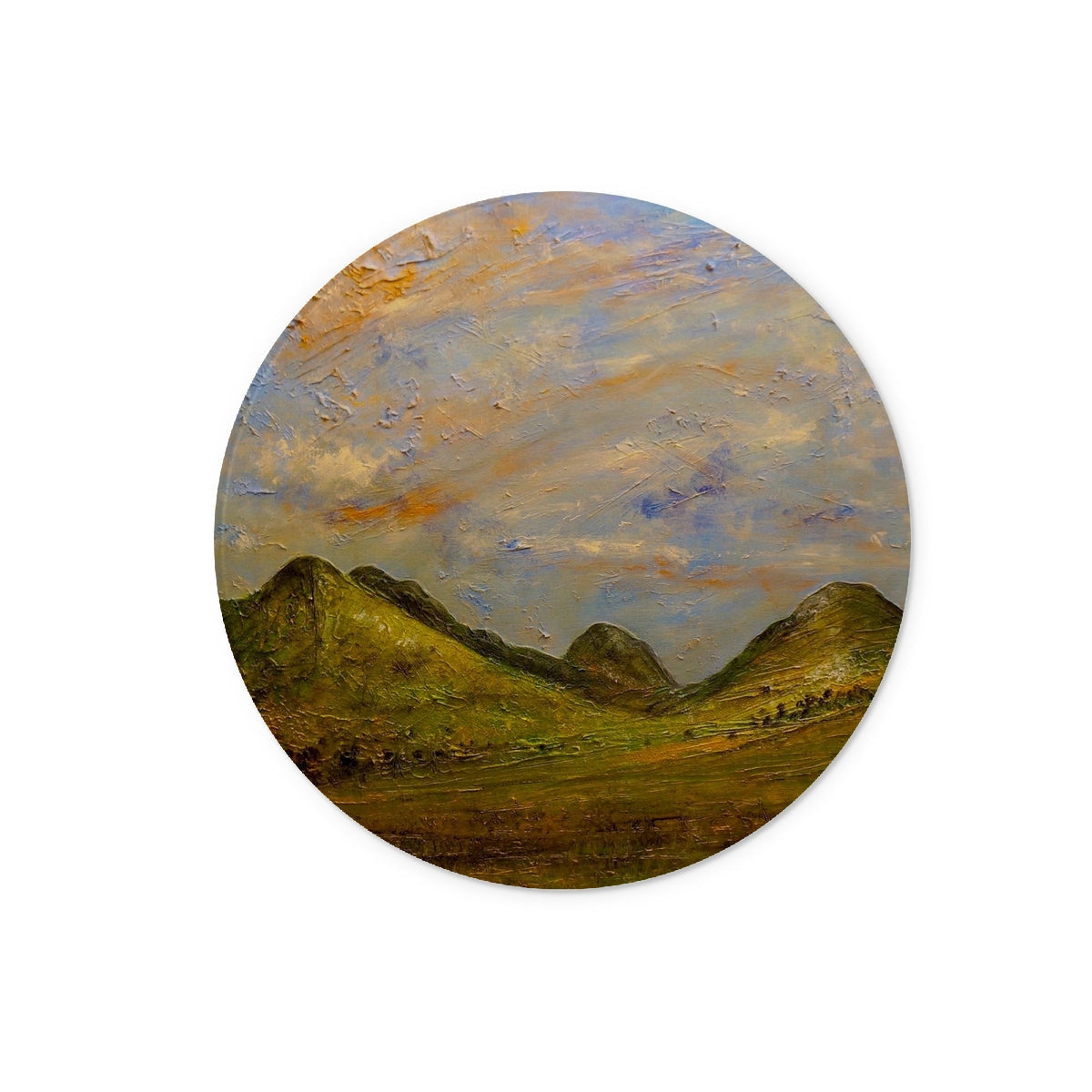 Oil painting of a mountainous landscape on a circular canvas for Summer In Glencoe Glass Chopping Board