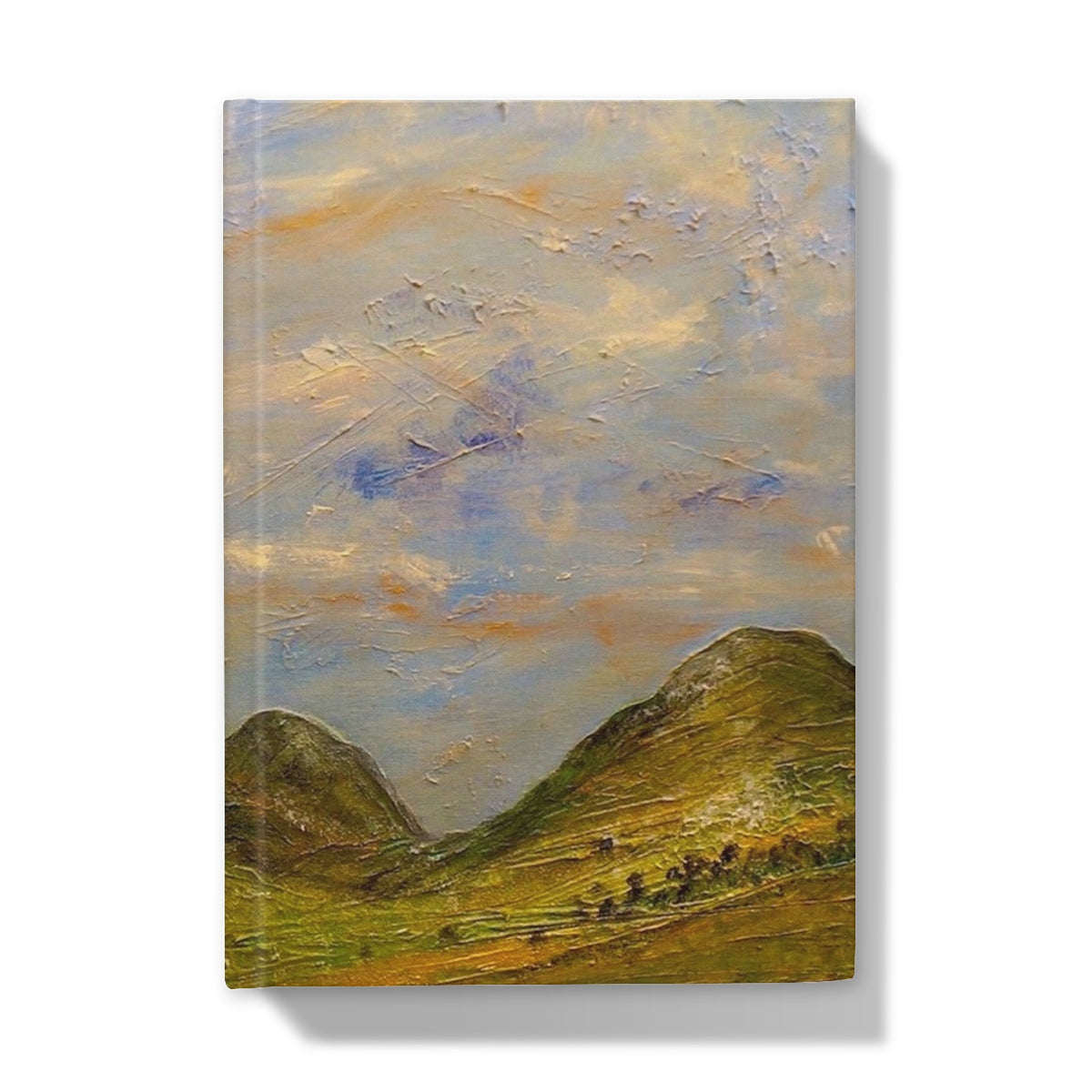 Textured oil painting of a hilly landscape under a cloudy sky on the Summer In Glencoe Hardback Journal