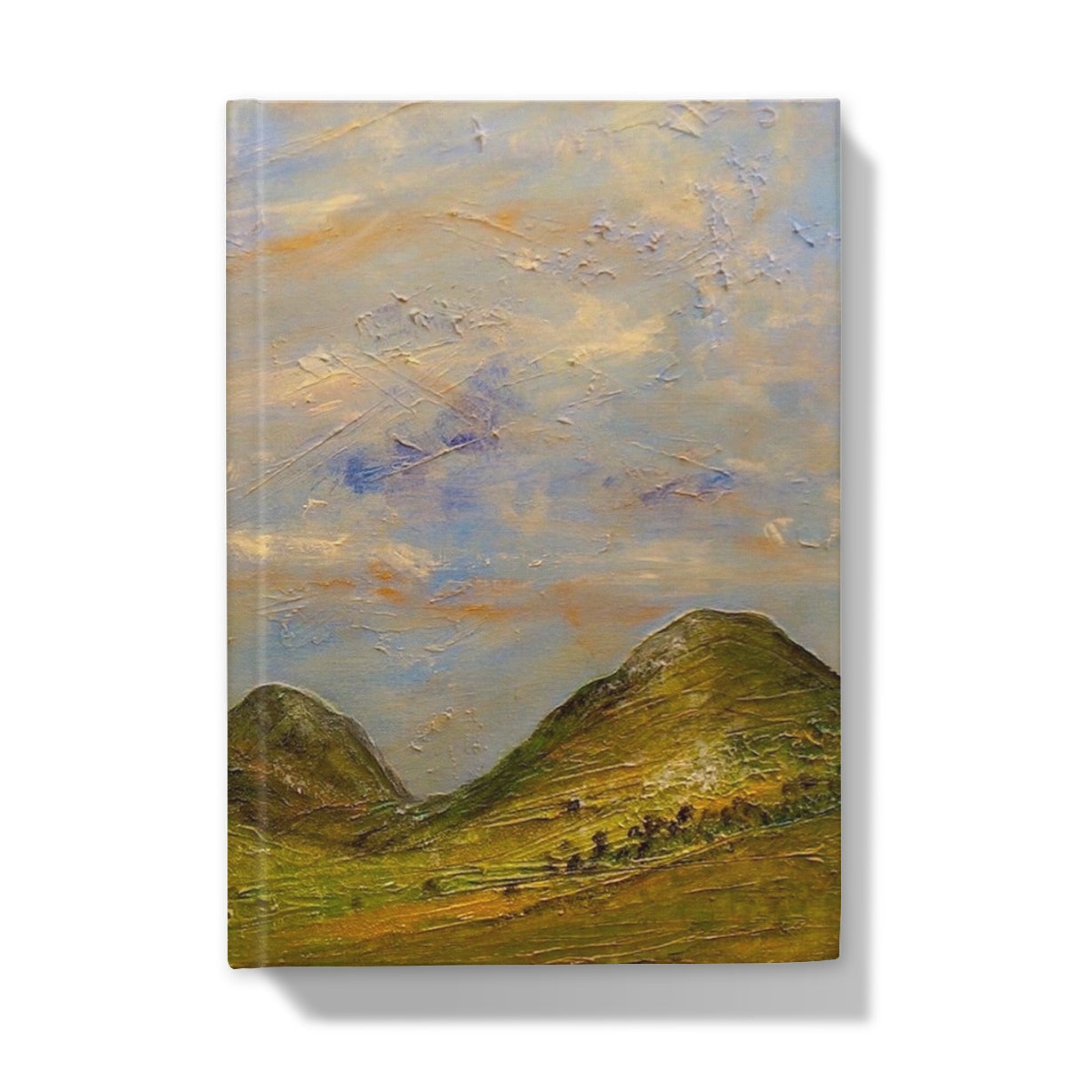 Abstract oil painting of a cloudy sky over rolling green hills on Summer In Glencoe Journal