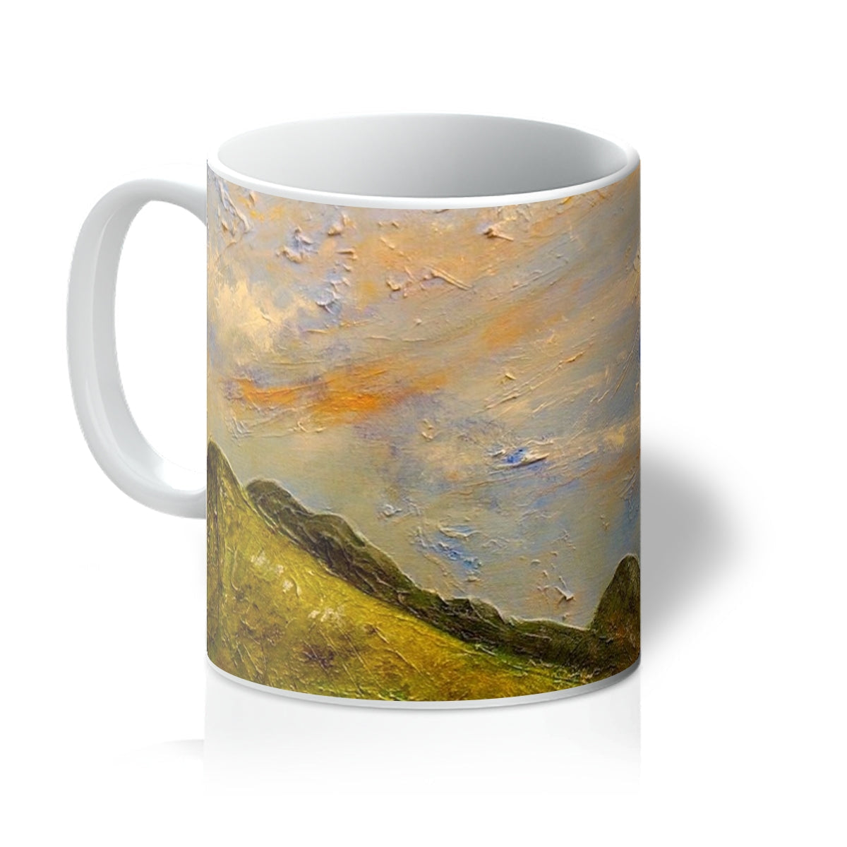 White ceramic Summer In Glencoe Mug featuring a painted landscape scene