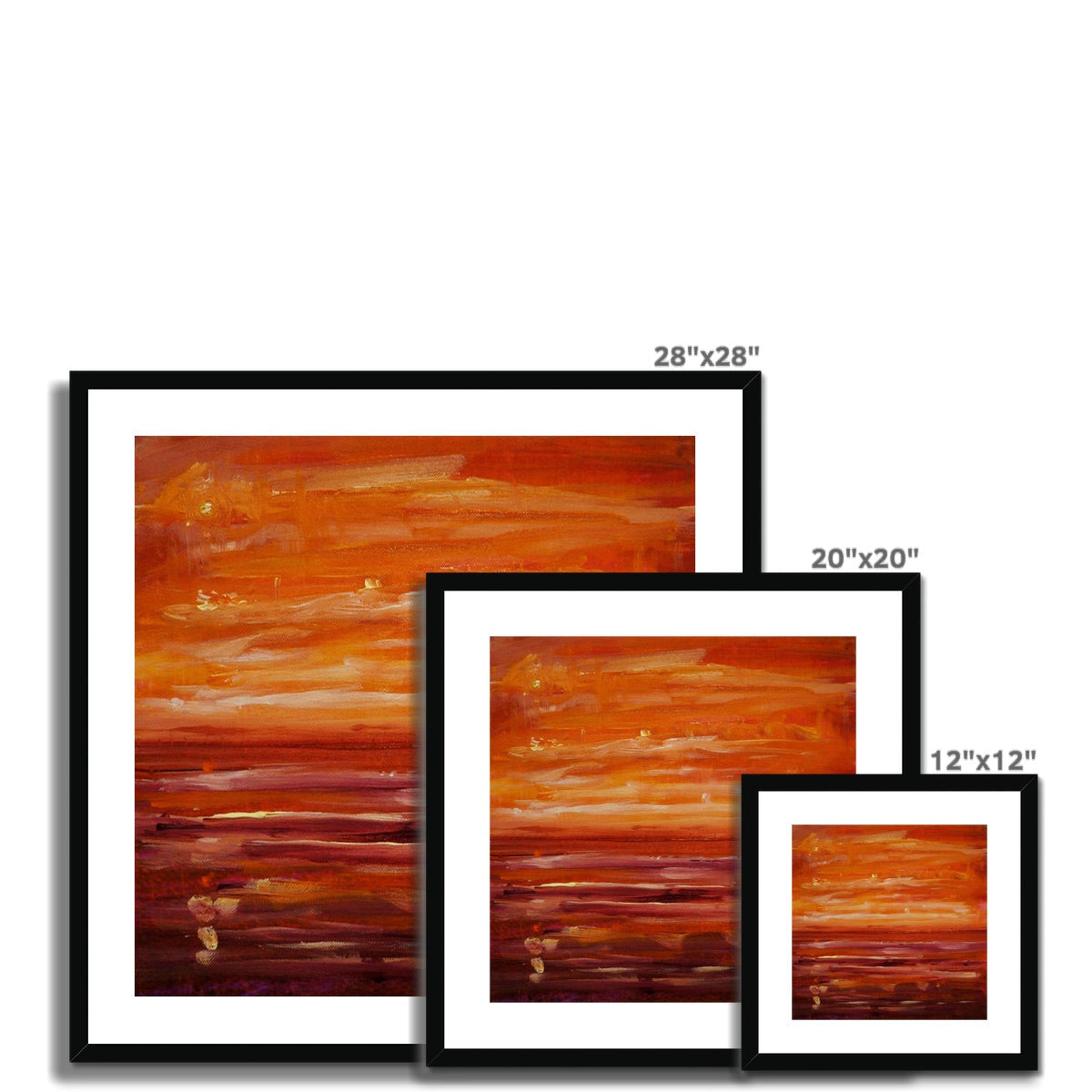 28x28 Framed Summer Horizon i Abstract Art in Orange Red Hues Black Frame