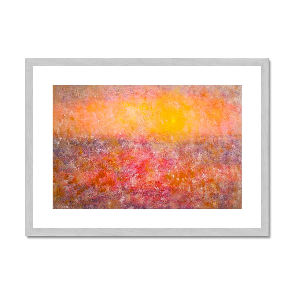 Sunrise Mist Horizon Abstract Painting | Antique Framed & Mounted Prints From Scotland-Antique Framed & Mounted Prints-Abstract & Impressionistic Art Gallery-A2 Landscape-Silver Frame-Paintings, Prints, Homeware, Art Gifts From Scotland By Scottish Artist Kevin Hunter