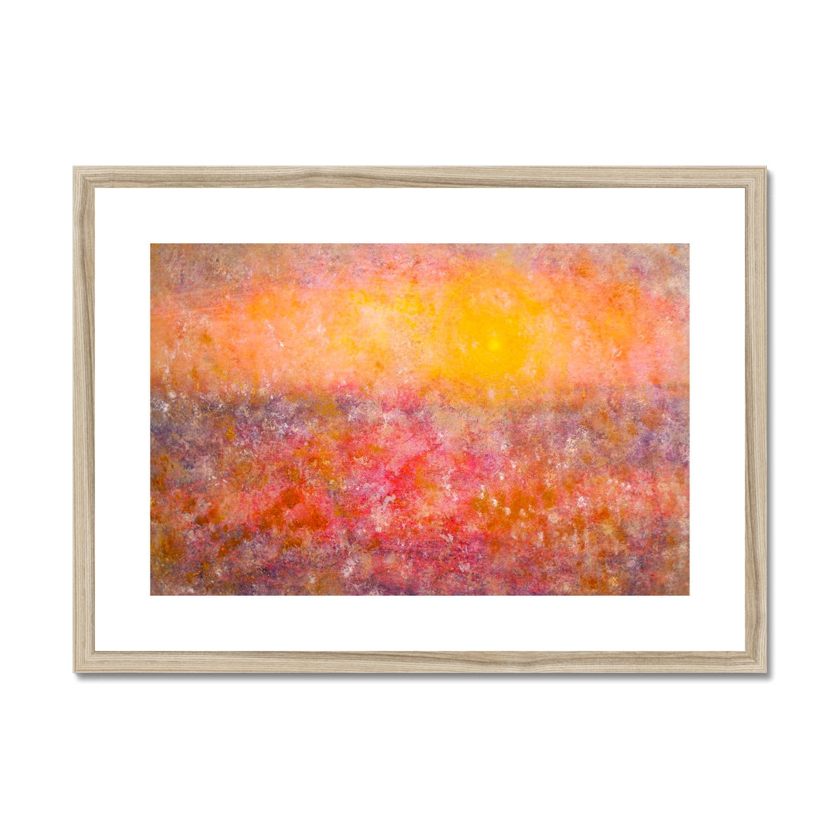 Framed Sunrise Mist Horizon abstract art print with orange, yellow, pink, purple hues