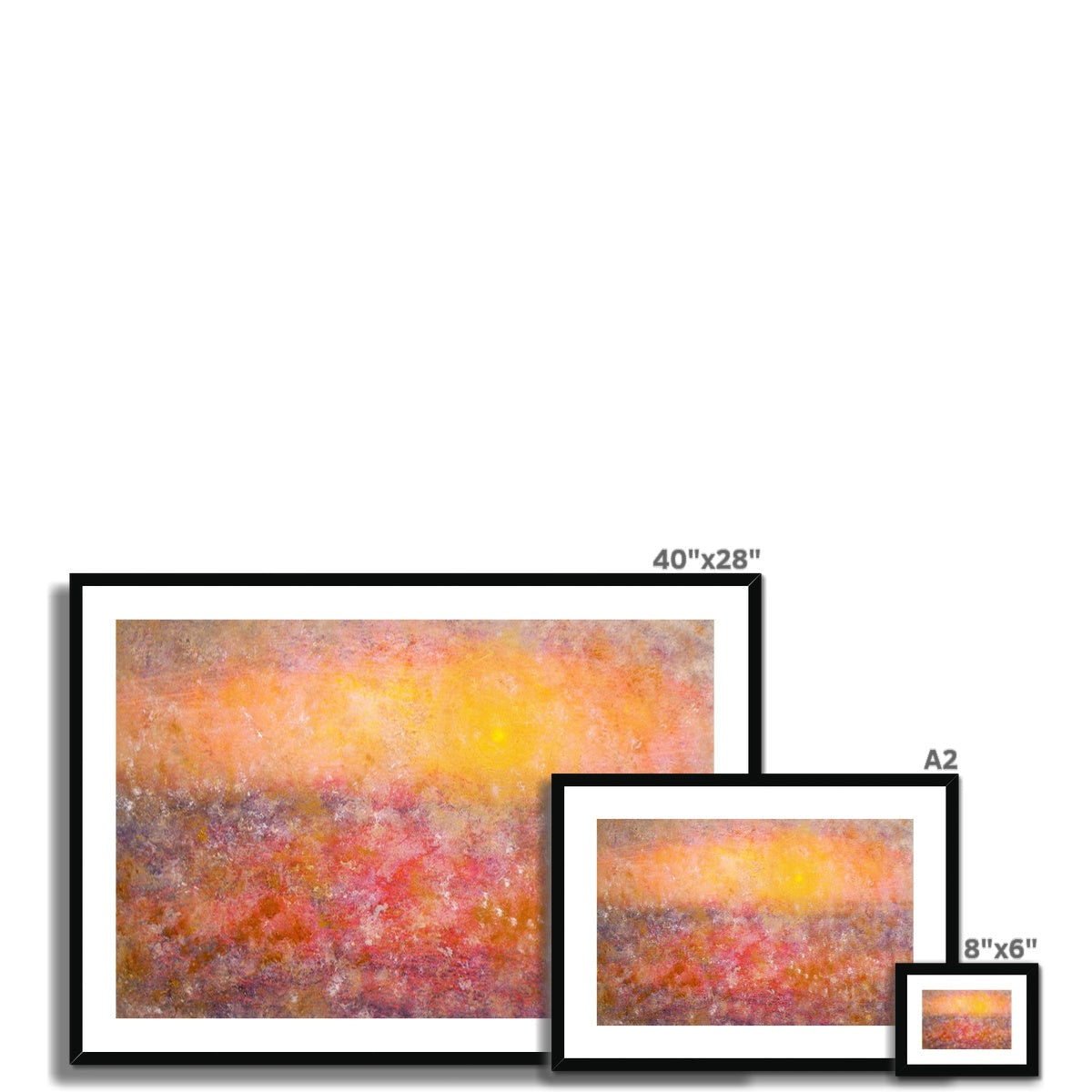 Sunrise mist horizon abstract art print in black frame with orange yellow purple hues