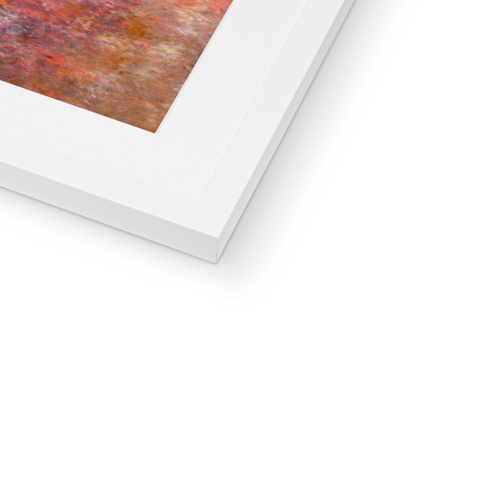 White framed abstract Sunrise Mist Horizon print in rust, ochre, muted reds