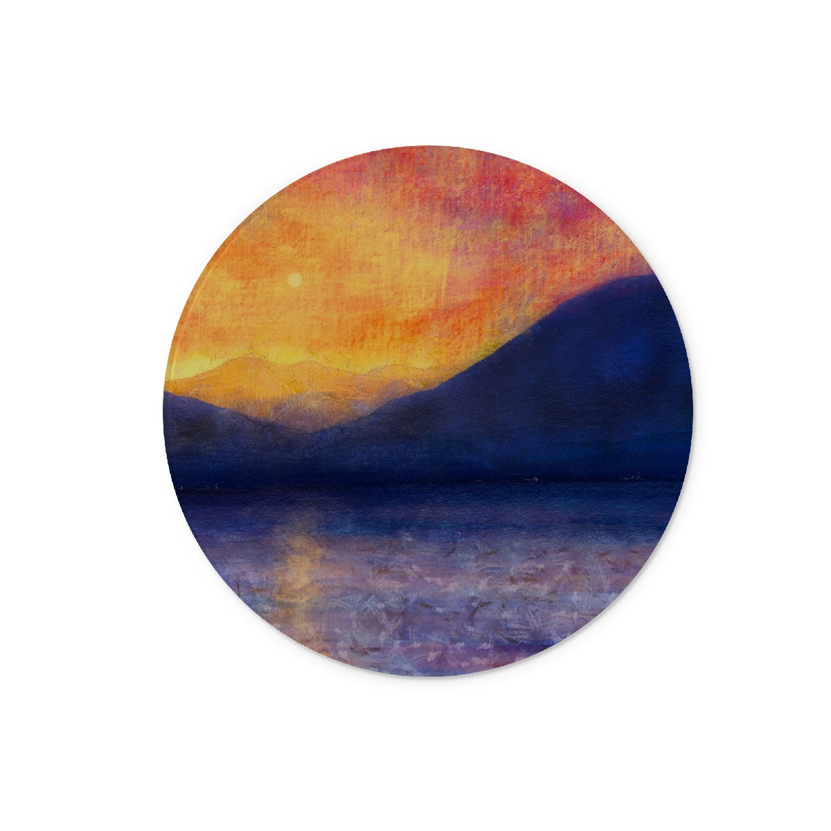 Sunset Approaching Mull Art Gifts Glass Chopping Board-Glass Chopping Boards-Hebridean Islands Art Gallery-12" Round-Paintings, Prints, Homeware, Art Gifts From Scotland By Scottish Artist Kevin Hunter