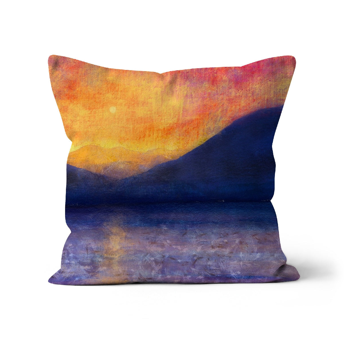 Sunset Approaching Mull Cushion: Yellow Orange Sunset Pillow with Purple Accents