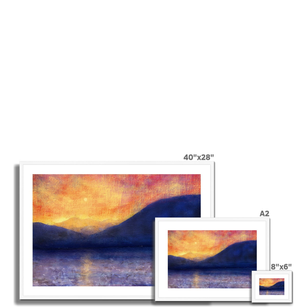 40x28 inch framed Sunset Approaching Mull print with orange purple hues
