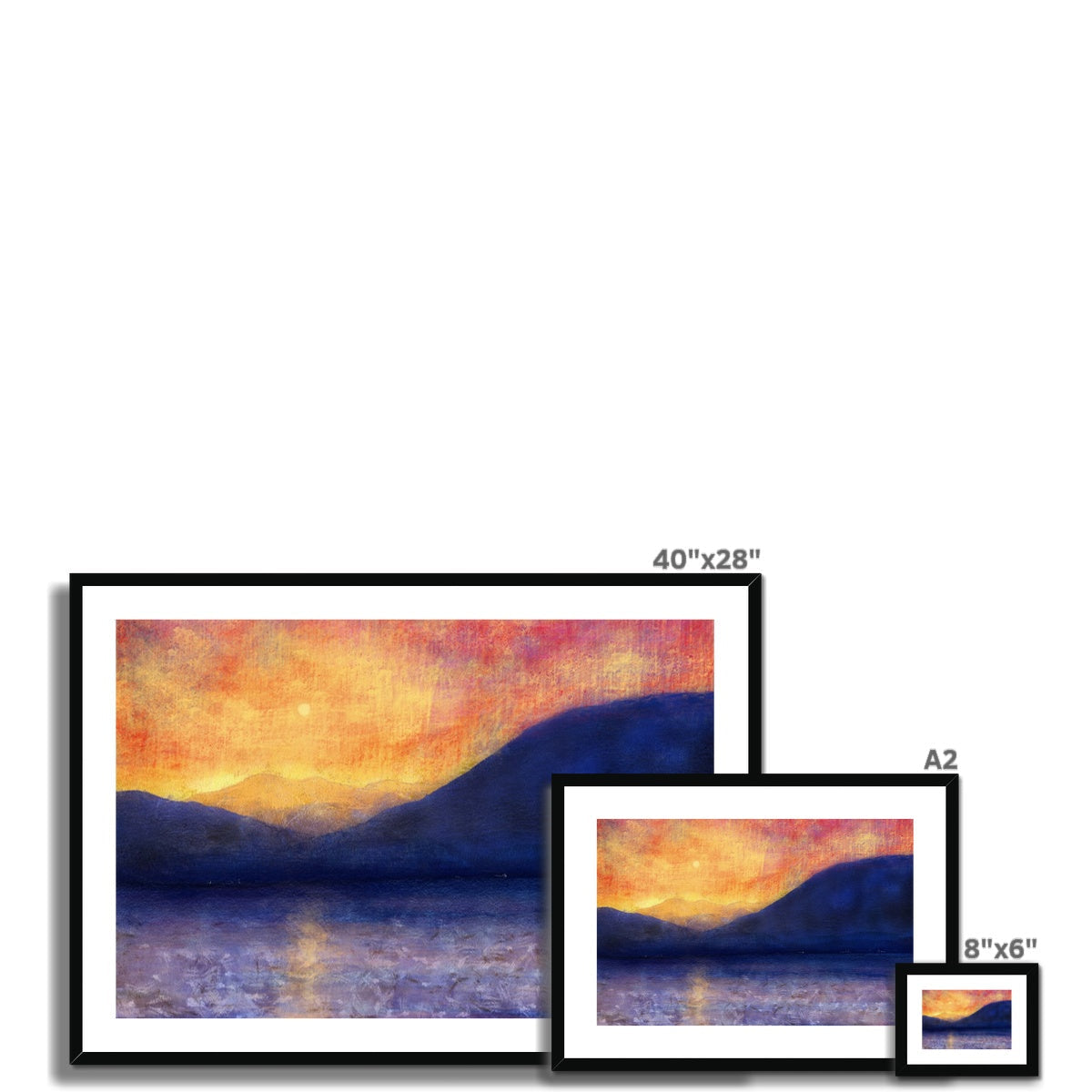 40x28 inch framed Sunset Approaching Mull print with orange purple hues black frame