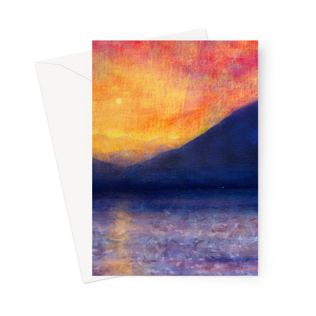 Watercolor sunset greeting card with mountain silhouette in orange pink hues