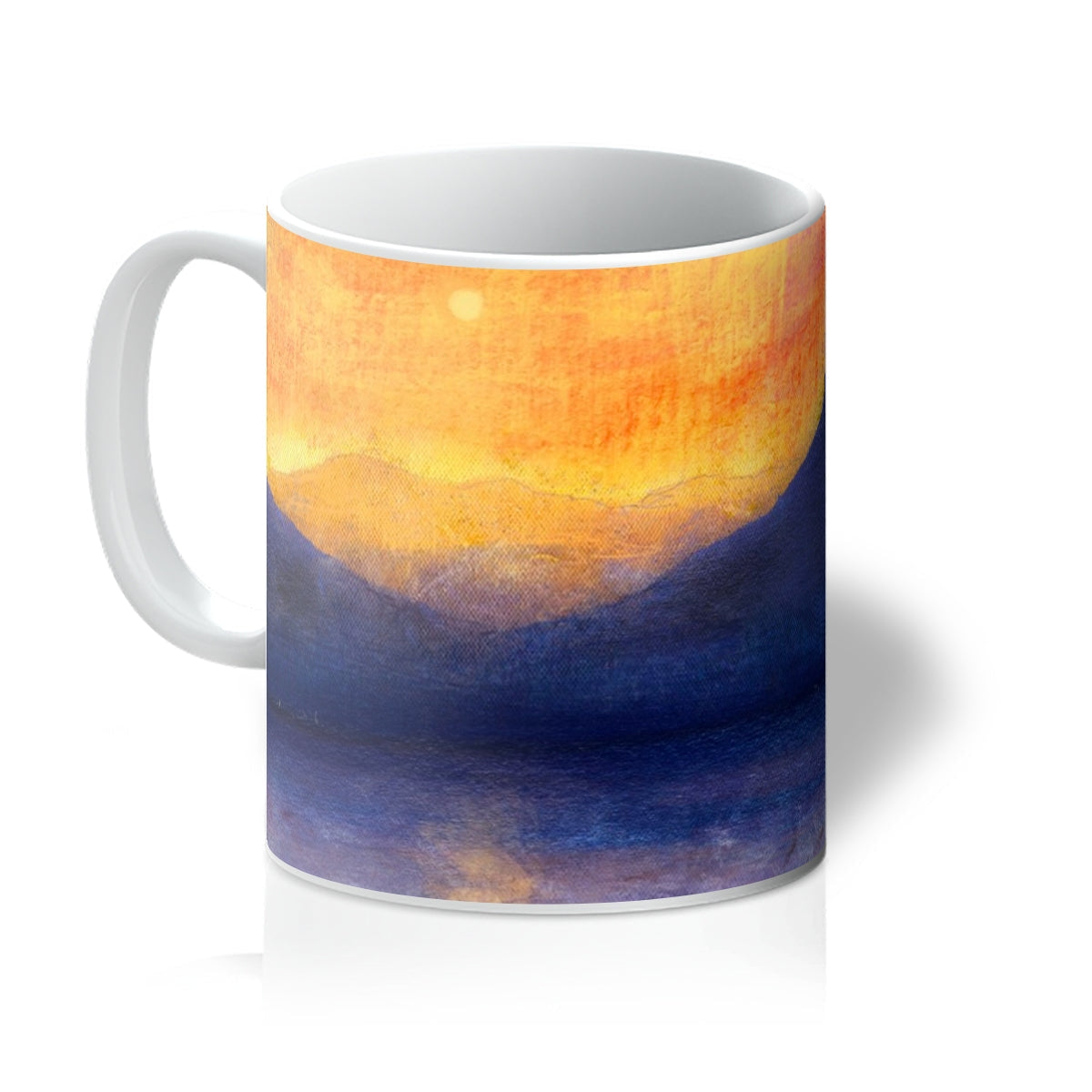 Ceramic Sunset Approaching Mull Mug with vibrant orange-yellow sunset on blue sky