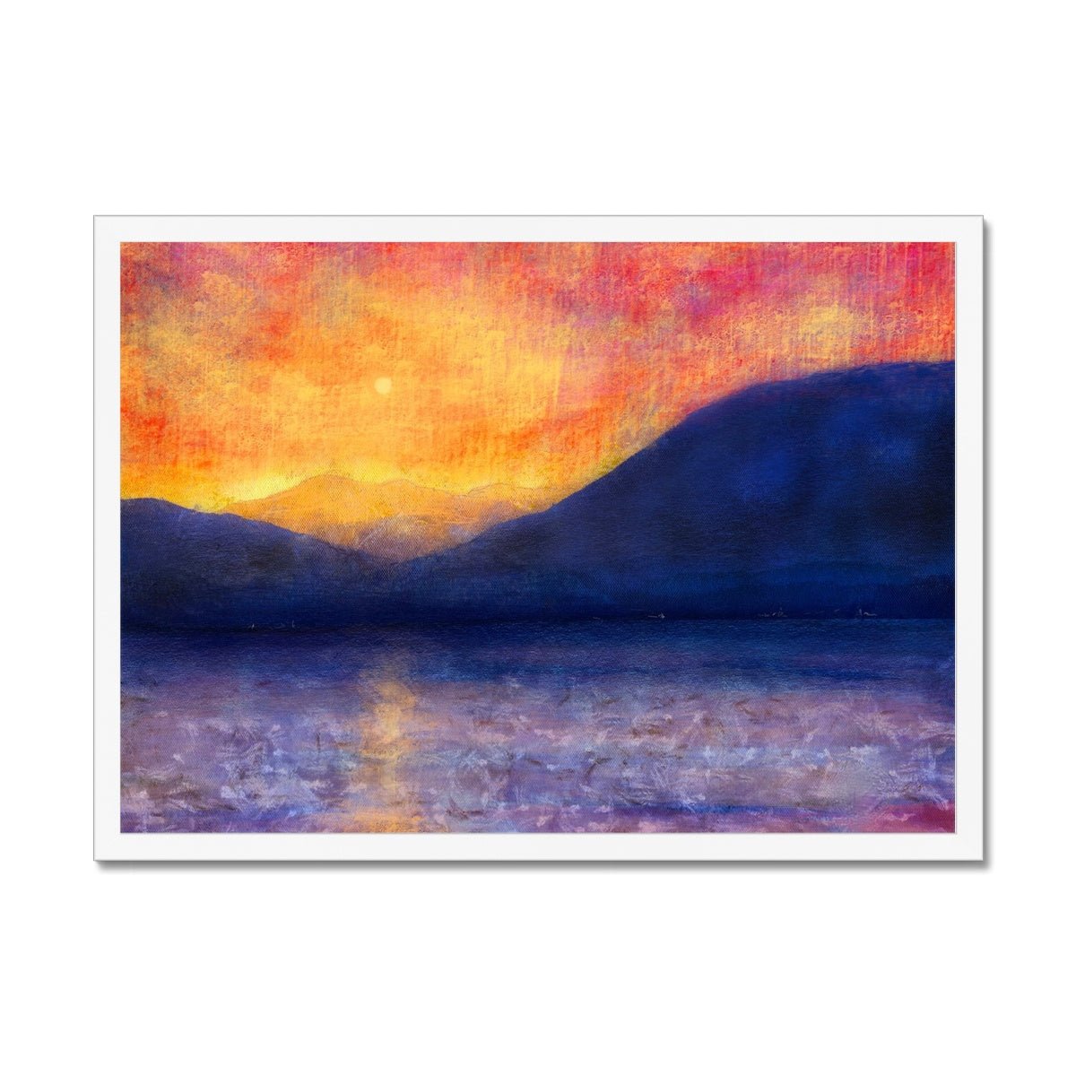 Sunset Approaching Mull Painting | Framed Prints From Scotland-Framed Prints-Hebridean Islands Art Gallery-A2 Landscape-White Frame-Paintings, Prints, Homeware, Art Gifts From Scotland By Scottish Artist Kevin Hunter